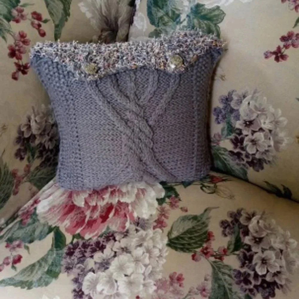 Hand Crafted Knit Throw Pillow Cable Metal Button Gray Cable Home Decor Cab…